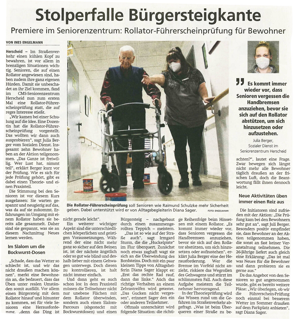 Zeitungsartikel über den Rollatorführerschein im CMS Seniorenzentrum Herscheid