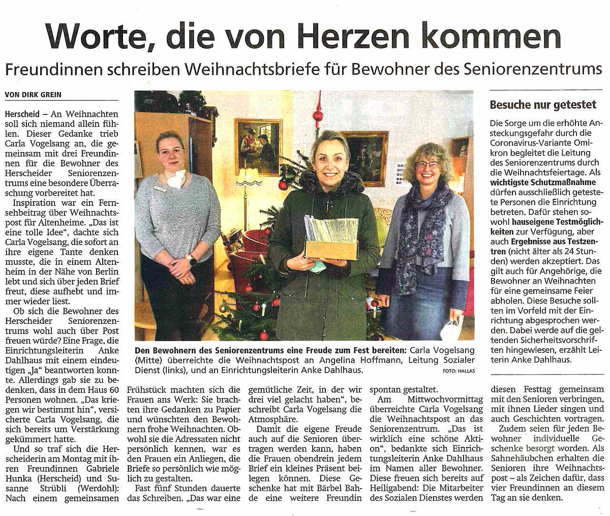 Zeitungsartikel über Weihnachtsbriefe für die Bewohner des CMS Seniorenzentrum Herscheid