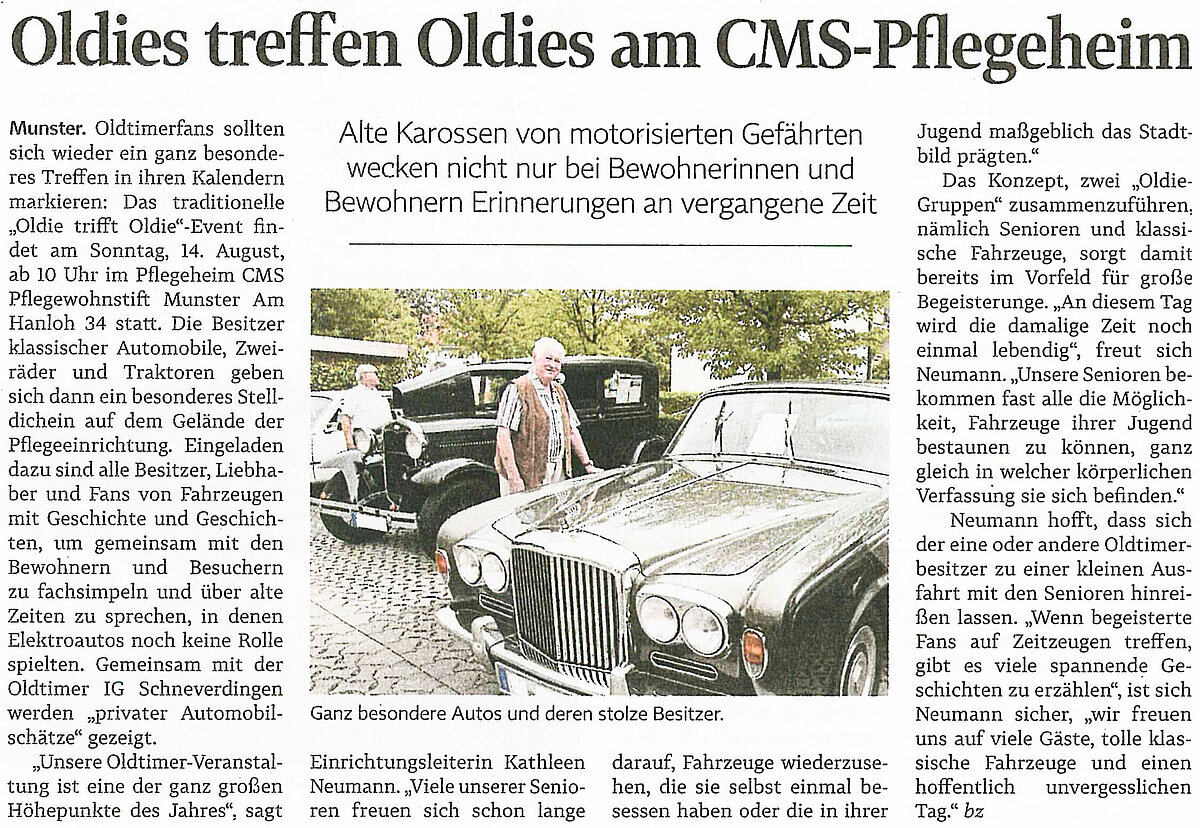 Zeitungsartikel über das Oldietreffen vor dem CMS Pflegewohnstift Munster