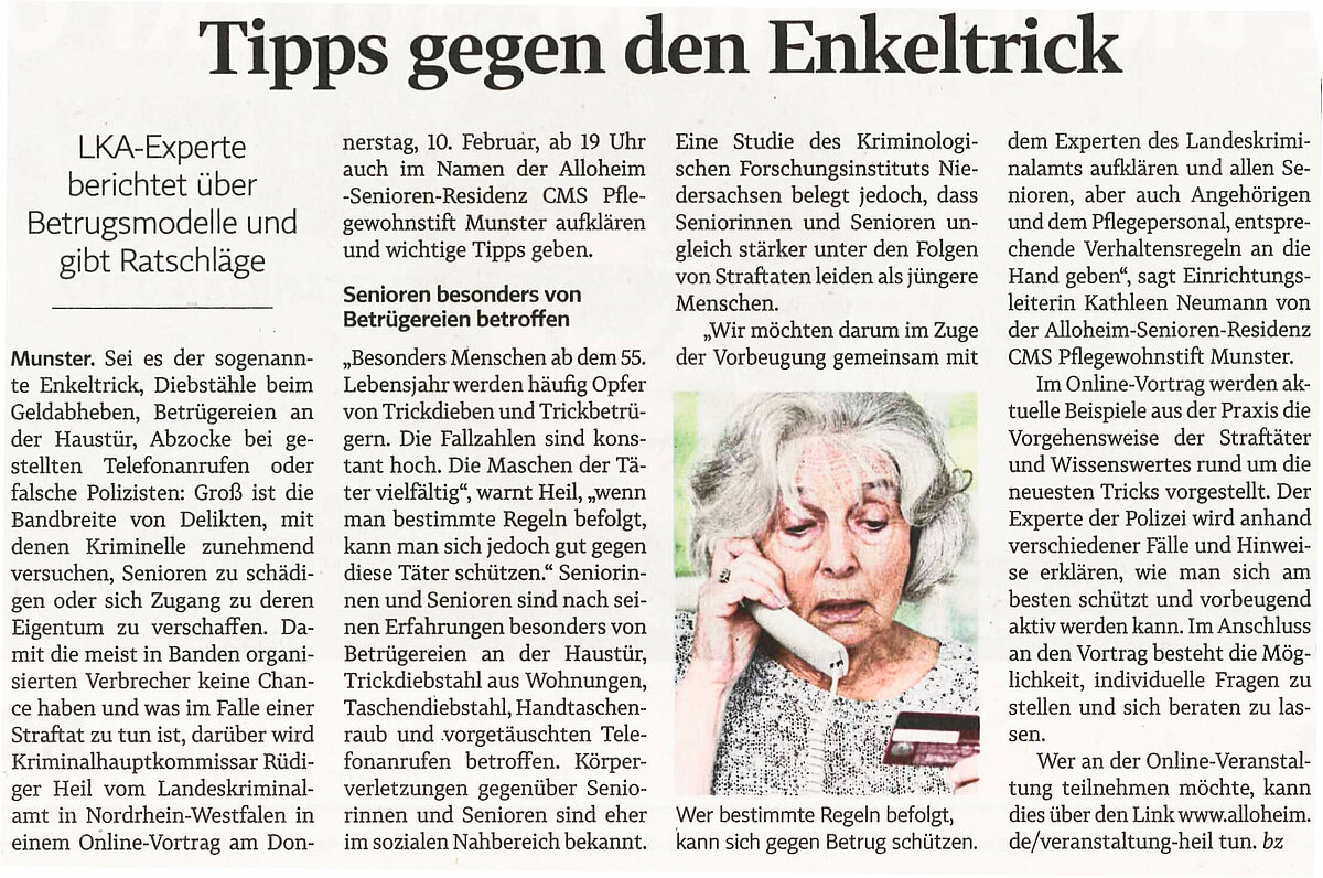 Zeitungsartikel über einen Vortrag zum Thema Trickbetrug des CMS Pflegewohnstift Munster