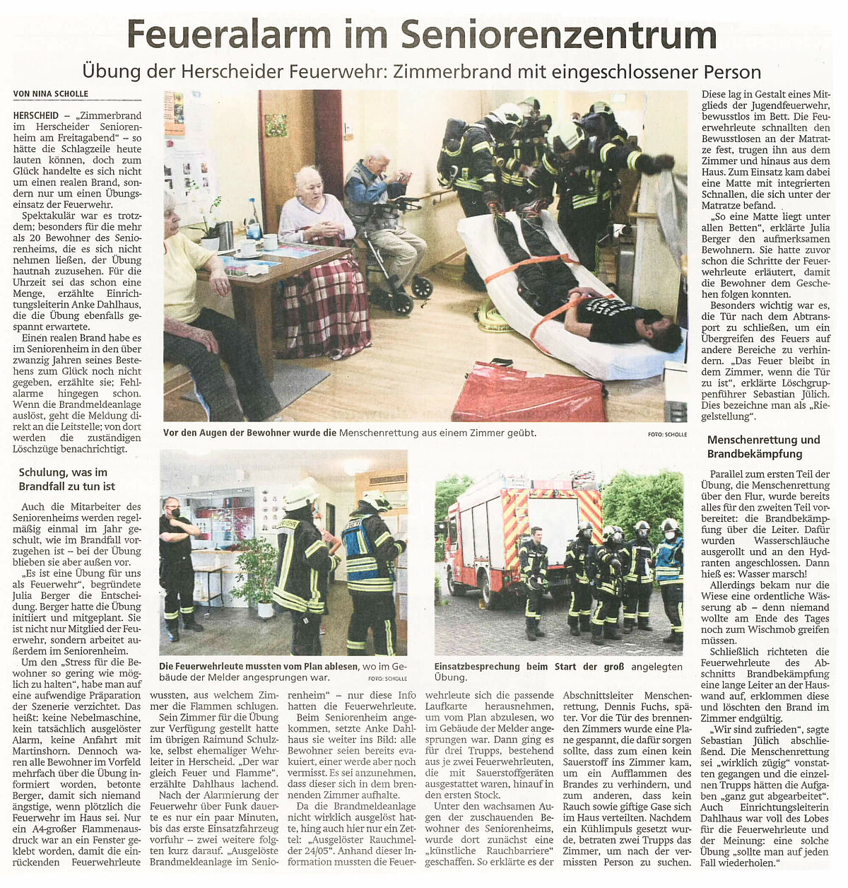 Zeitungsartikel über eine Feuerwehrübung im CMS Seniorenzentrum Herscheid