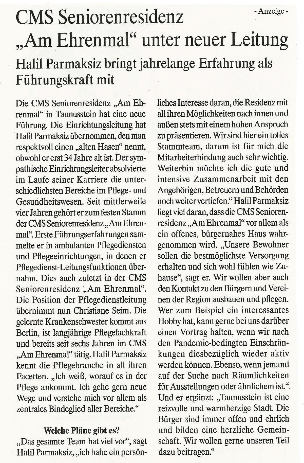 Zeitungsartikel über die Einrichtungsleitung der CMS Seniorenresidenz "Am Ehrenmal" in Taunusstein