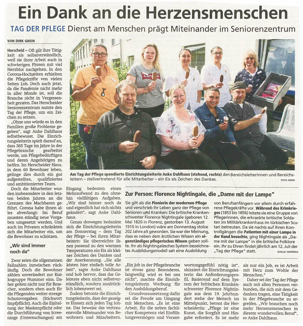 Zeitungsartikel über den Tag der Pflege im CMS Seniorenzentrum Herscheid