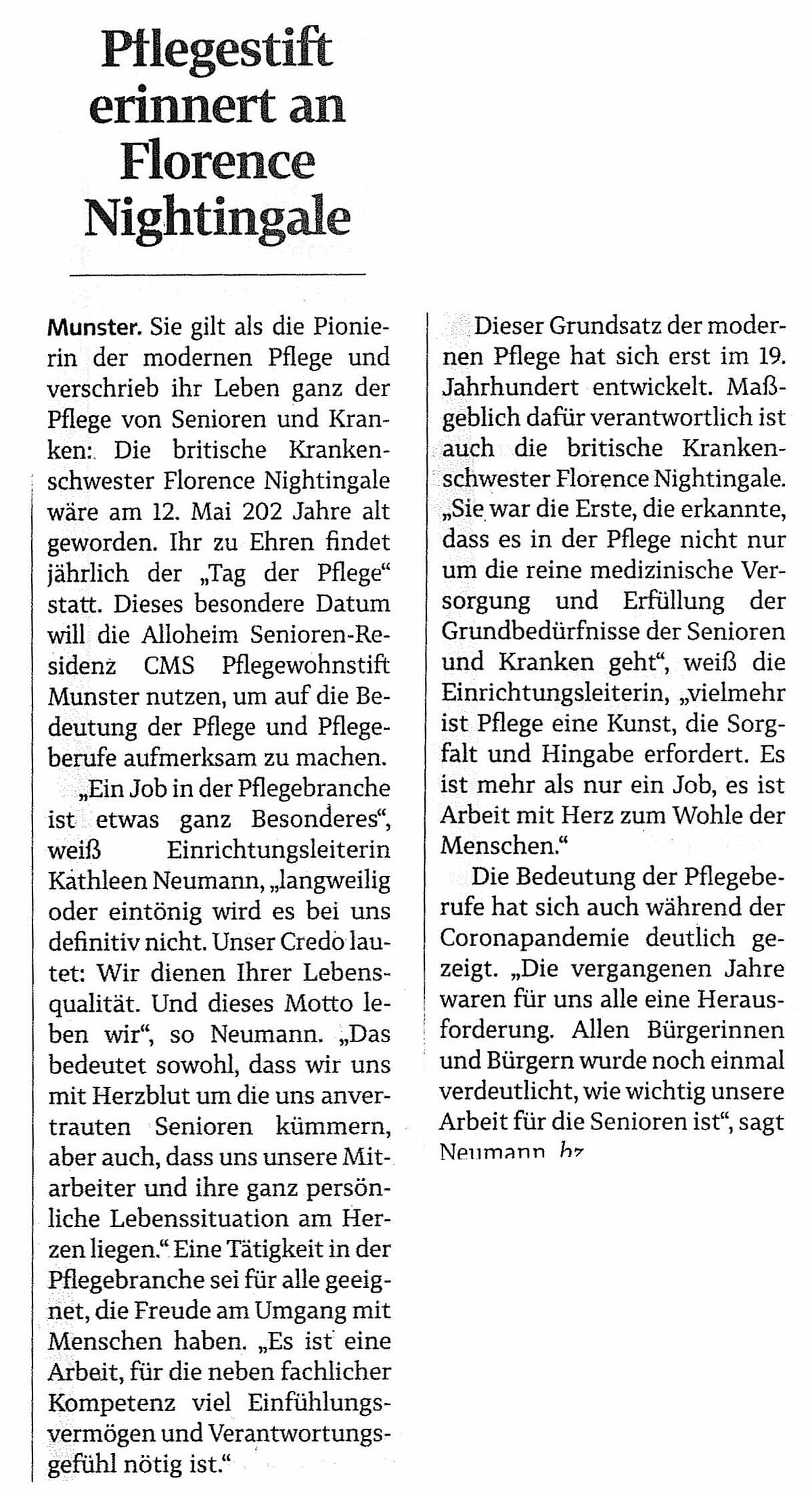 Zeitungsartikel über den Tag der Pflege im CMS Pflegewohnstift Munster