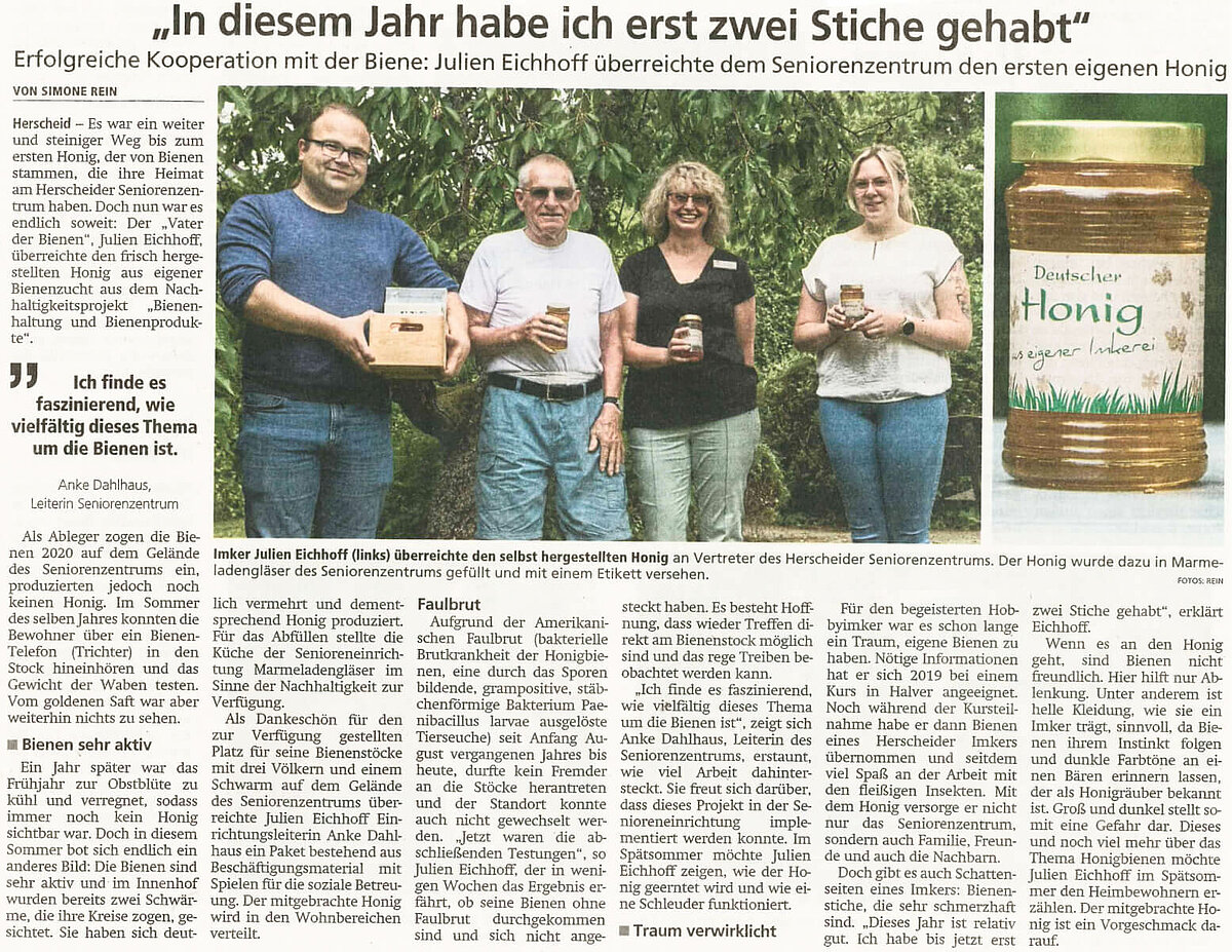 Zeitungsartikel über eine Bienenkooperation des CMS Seniorenzentrum Herscheid