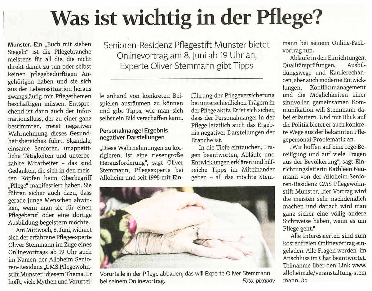 Zeitungsartikel über einen Vortrag zu Pflegevorurteilen des CMS Pflegewohnstift Munster