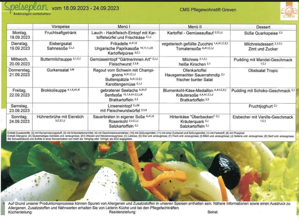 Speiseplan CMS Pflegewohnstift Greven