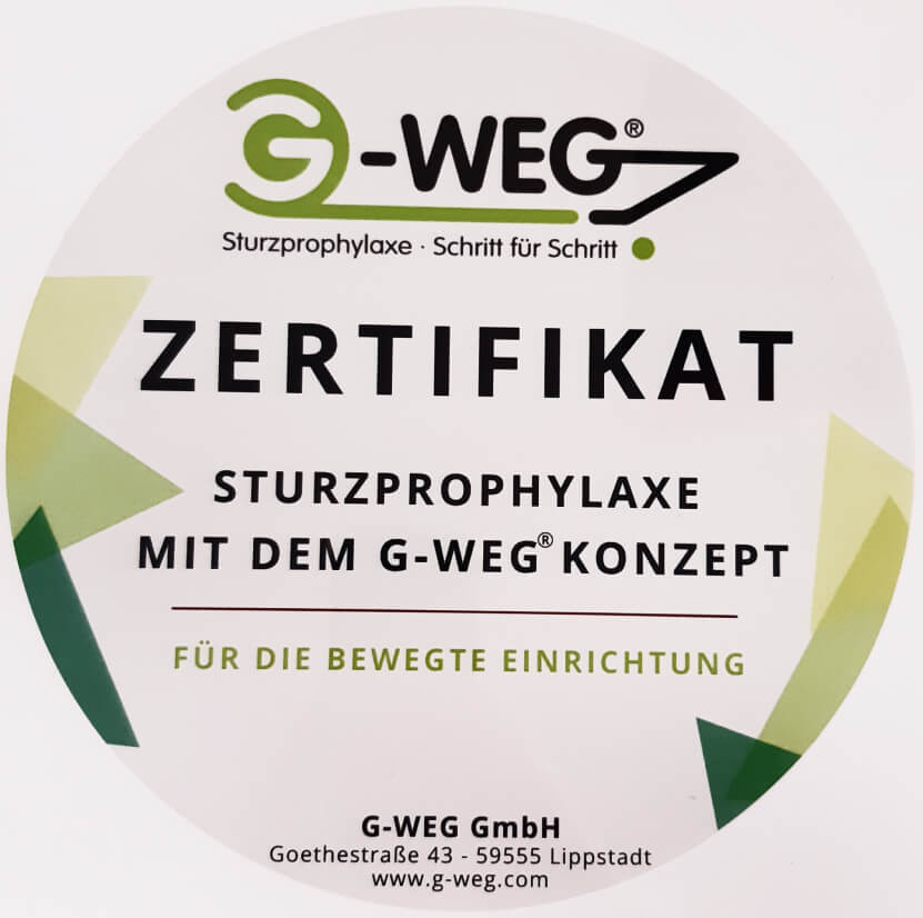 G-WEG Zertifikat zu Sturtprophylaxe des CMS Pflegewohnstift Harkorten in Hagen
