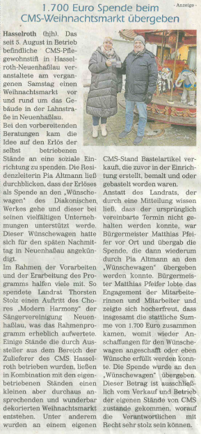 Zeitungsartikel aus der GNZ vom 24.12.2022, "1.700 Euro Spende beim CMS-Weihnachtsmarkt übergeben"