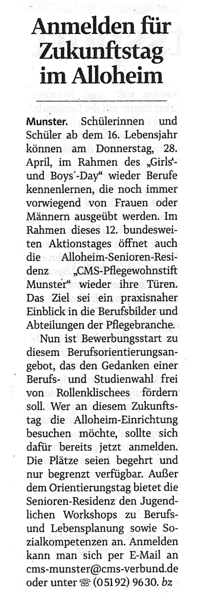 Zeitungsartikel über den Zukunftstag im CMS Pflegewohnstift Munster