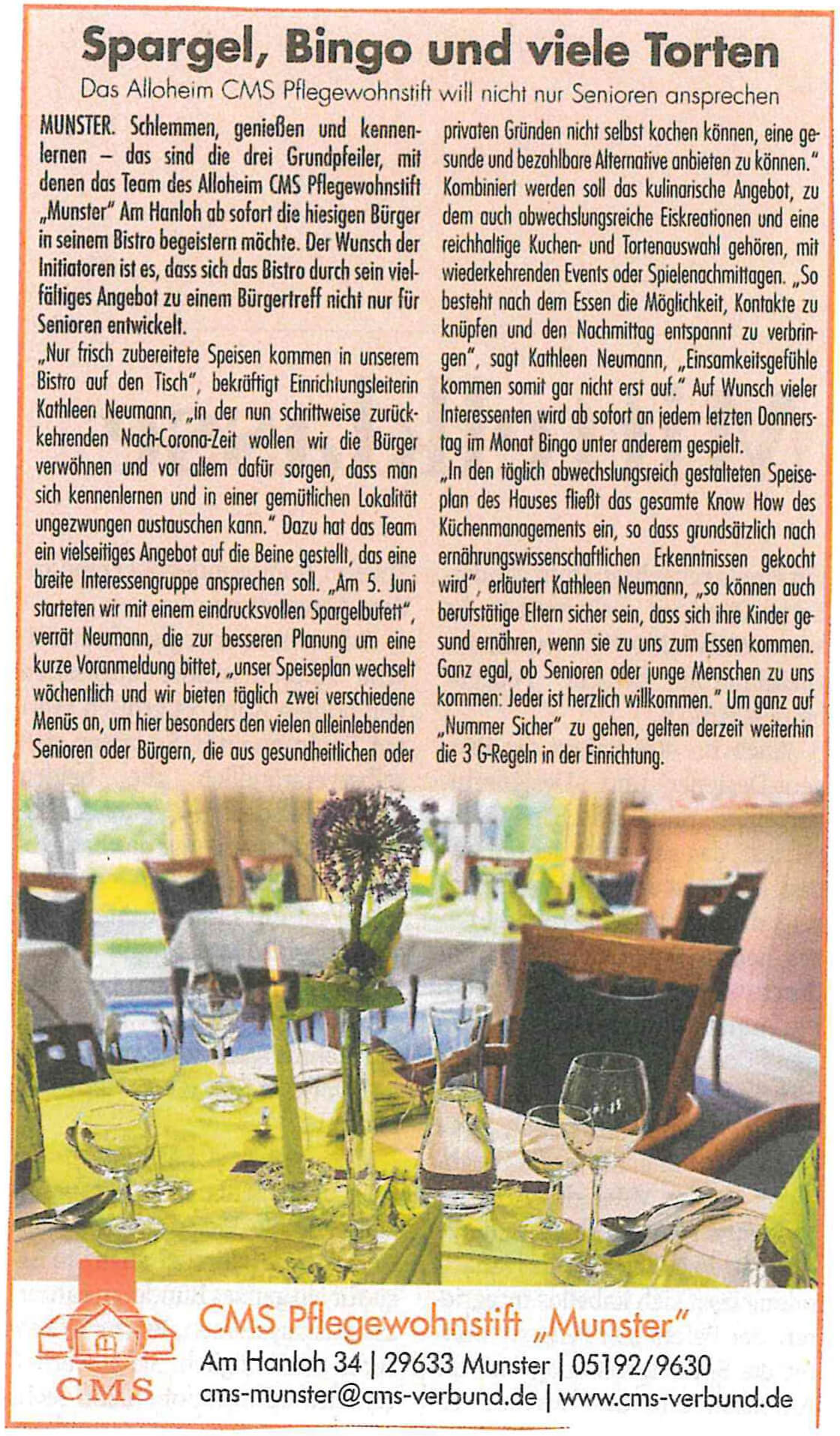 Zeitungsartikel über das Bistro des CMS Pflegewohnstift Munster