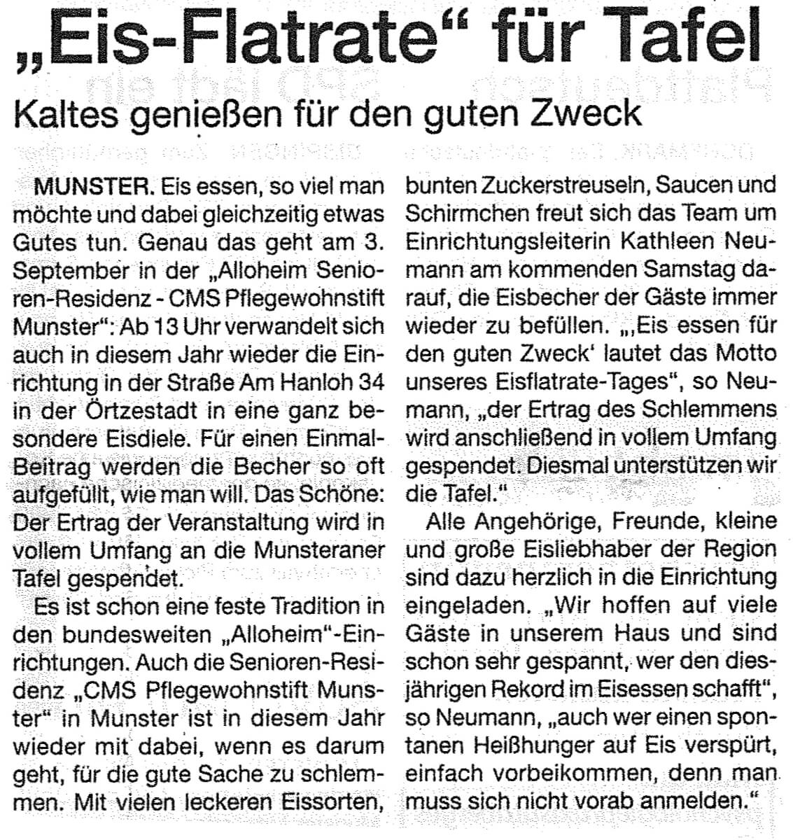 Zeitungsartikel über die Eisflatrate im CMS Pflegewohnstift Munster