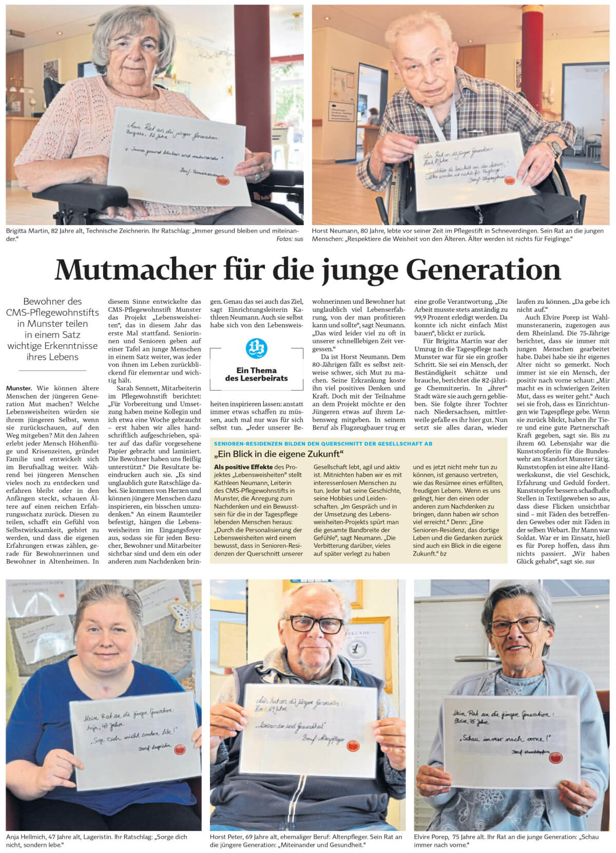 Zeitungsartikel über die Aktion "Lebensweisheiten" des CMS Pflegewohnstift Munster