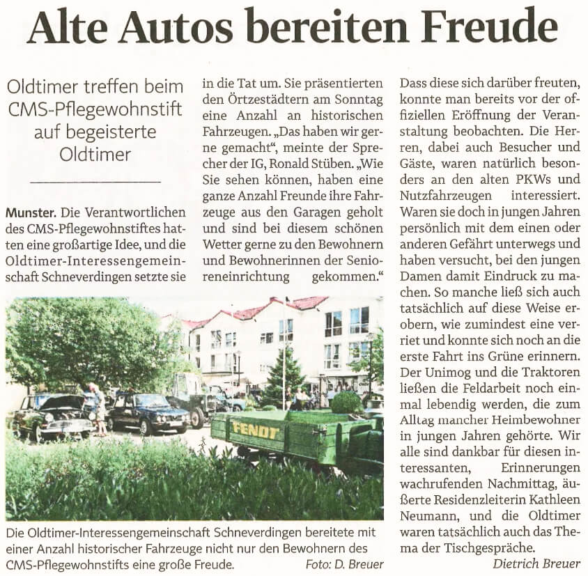 Zeitungsartikel über das Event "Oldie trifft Oldie" des CMS Pflegewohnstift Munster