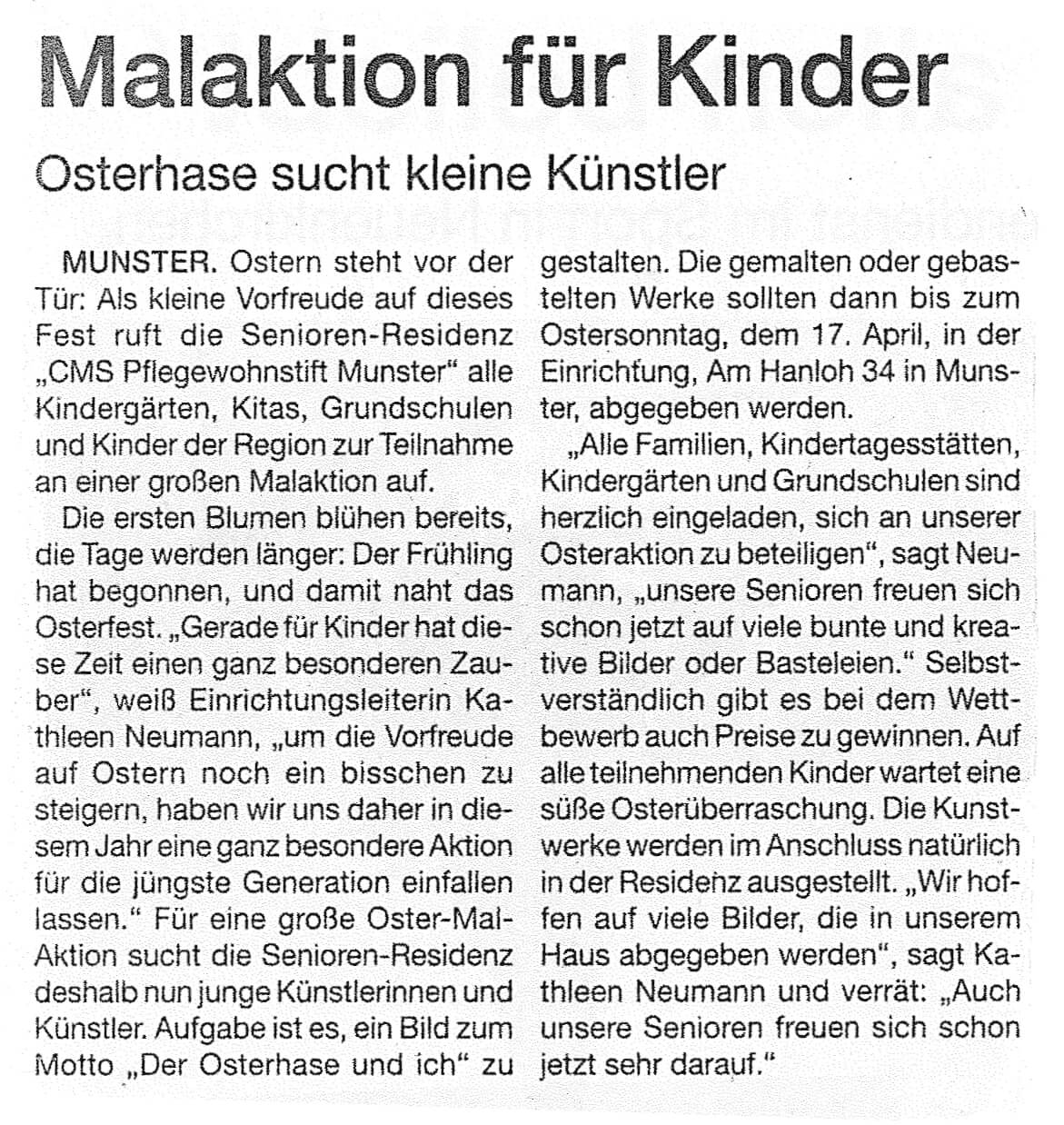 Zeitungsartikel über die Ostermalaktion des CMS Pflegewohnstift Munster