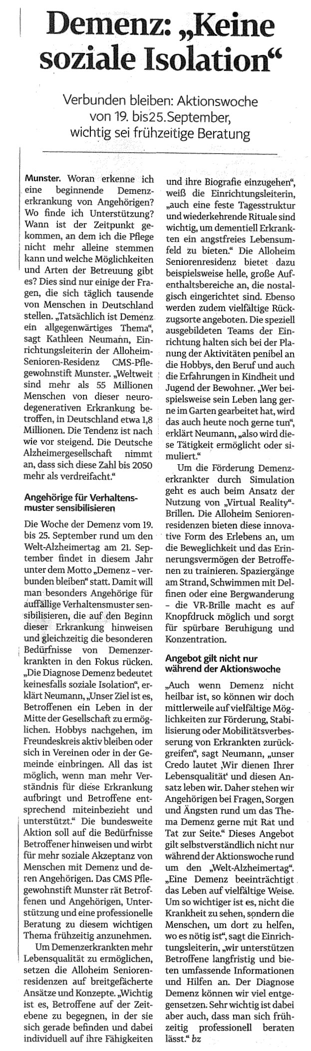 Zeitungsartikel über den Weltalzheimertag